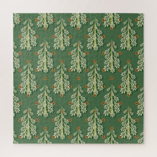 Vintage Christmas Trees Illustration Pattern Jigsaw Puzzle