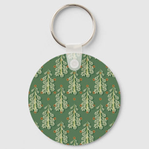 Vintage Christmas Trees Illustration Pattern Key Ring