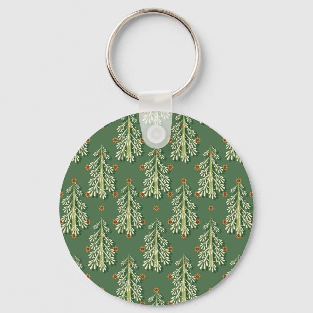 Vintage Christmas Trees Illustration Pattern Key Ring (Front)
