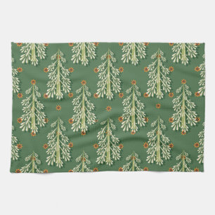 Vintage Christmas Trees Illustration Pattern Tea Towel