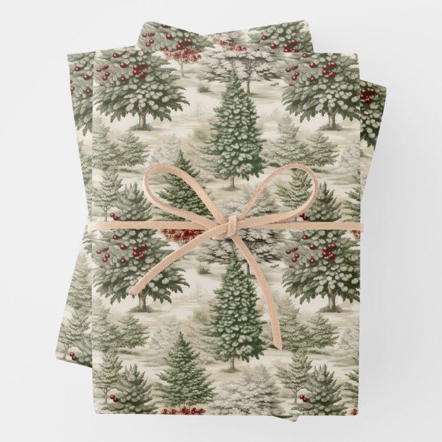 Vintage Christmas Trees Rustic Wrapping Paper Sheet (In situ)