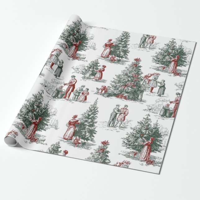 Vintage Christmas Trees Scene Wrapping Paper (Unrolled)