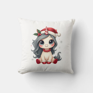 Vintage Christmas Unicorn Girl Cute Holiday Vector Cushion