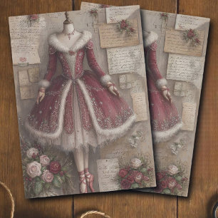 Vintage Christmas Velvet Red Ballerina Decoupage Tissue Paper
