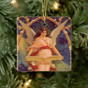 Vintage Christmas, Victorian Angel Reading Bible Ceramic Ornament