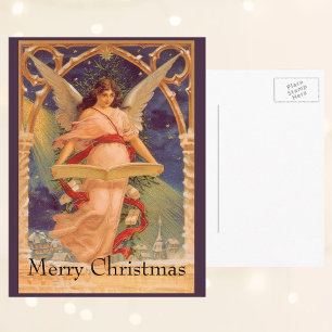Vintage Christmas, Victorian Angel Reading Bible Holiday Postcard