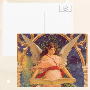Vintage Christmas, Victorian Angel Reading Bible Holiday Postcard
