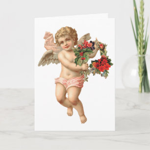 Vintage Christmas, Victorian Angel w Floral Wreath Holiday Card