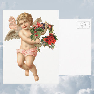 Vintage Christmas, Victorian Angel w Floral Wreath Holiday Postcard