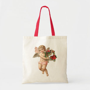 Vintage Christmas, Victorian Angel w Floral Wreath Tote Bag