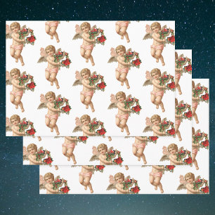 Vintage Christmas, Victorian Angel w Floral Wreath Wrapping Paper Sheet
