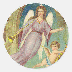 Vintage Christmas, Victorian Angel with Cherub Classic Round Sticker