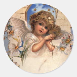 Vintage Christmas, Victorian Angel with Gold Bells Classic Round Sticker