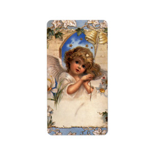 Vintage Christmas, Victorian Angel with Gold Bells Label