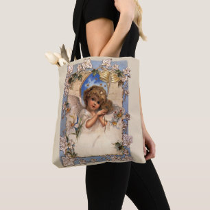 Vintage Christmas, Victorian Angel with Gold Bells Tote Bag