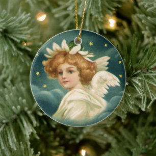 Vintage Christmas, Victorian Angel with Gold Stars Ceramic Tree Decoration