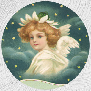 Vintage Christmas, Victorian Angel with Gold Stars Classic Round Sticker