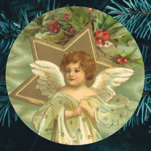 Vintage Christmas, Victorian Angel with Gold Stars Classic Round Sticker