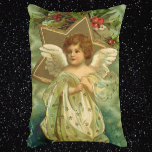 Vintage Christmas, Victorian Angel with Gold Stars Decorative Cushion