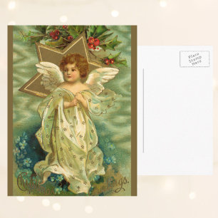 Vintage Christmas, Victorian Angel with Gold Stars Holiday Postcard
