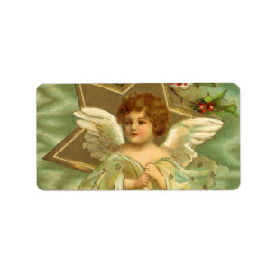 Vintage Christmas, Victorian Angel with Gold Stars Label