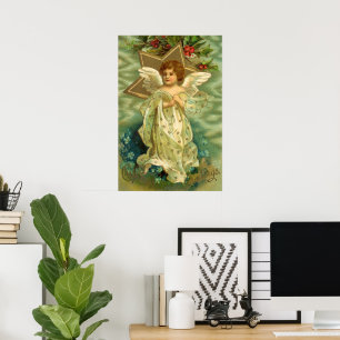 Vintage Christmas, Victorian Angel with Gold Stars Poster