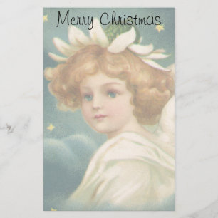 Vintage Christmas, Victorian Angel with Gold Stars Stationery