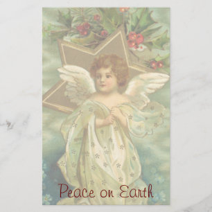 Vintage Christmas, Victorian Angel with Gold Stars Stationery