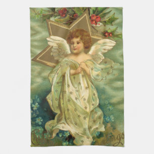 Vintage Christmas, Victorian Angel with Gold Stars Tea Towel