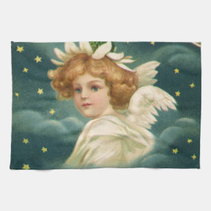 Vintage Christmas, Victorian Angel with Gold Stars Tea Towel