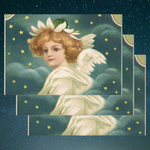 Vintage Christmas, Victorian Angel with Gold Stars Wrapping Paper Sheet