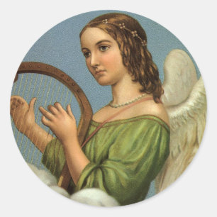 Vintage Christmas, Victorian Angel with Music Harp Classic Round Sticker