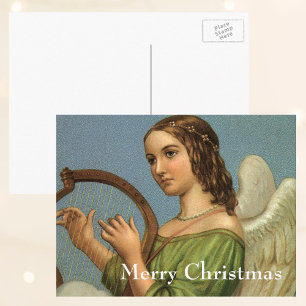 Vintage Christmas, Victorian Angel with Music Harp Holiday Postcard