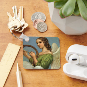 Vintage Christmas, Victorian Angel with Music Harp Key Ring