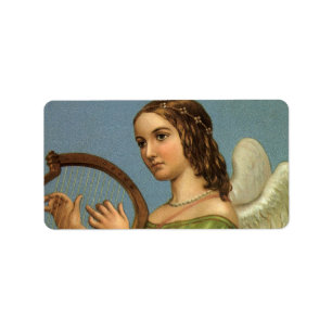 Vintage Christmas, Victorian Angel with Music Harp Label
