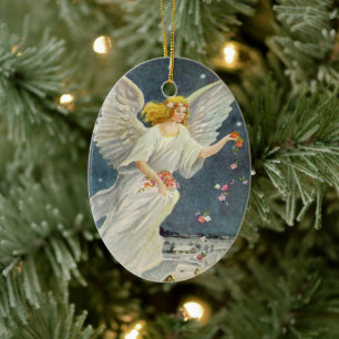 Vintage Christmas Victorian Angel with Stars Roses Ceramic Tree Decoration