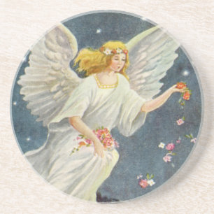 Vintage Christmas Victorian Angel with Stars Roses Coaster