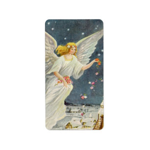 Vintage Christmas Victorian Angel with Stars Roses Label
