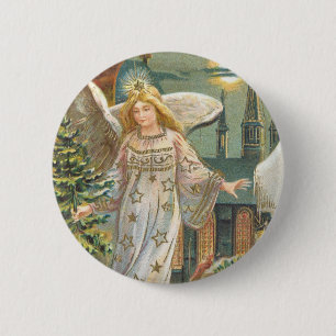 Vintage Christmas, Victorian Angel with Tree 6 Cm Round Badge