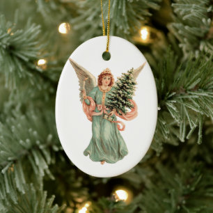 Vintage Christmas, Victorian Angel with Tree Ceramic Tree Decoration