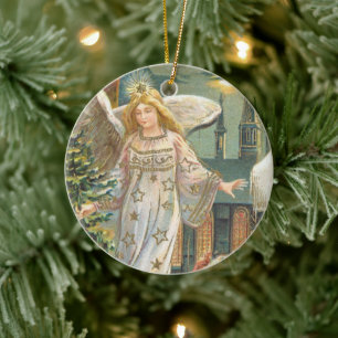 Vintage Christmas, Victorian Angel with Tree Ceramic Tree Decoration