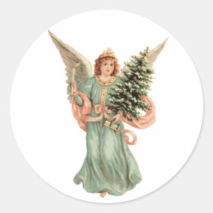 Vintage Christmas, Victorian Angel with Tree Classic Round Sticker
