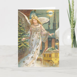 Vintage Christmas, Victorian Angel with Tree Holiday Card