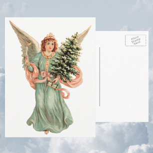 Vintage Christmas, Victorian Angel with Tree Holiday Postcard