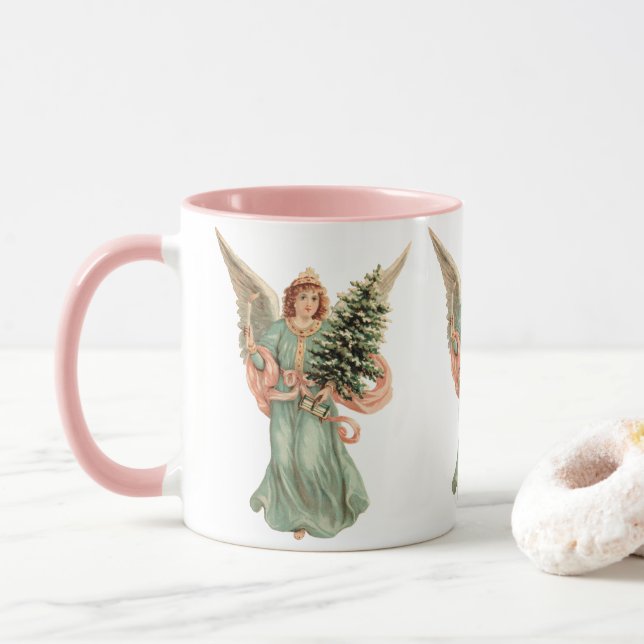 Vintage Christmas, Victorian Angel with Tree Mug (With Donut)