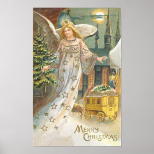 Vintage Christmas, Victorian Angel with Tree Poster