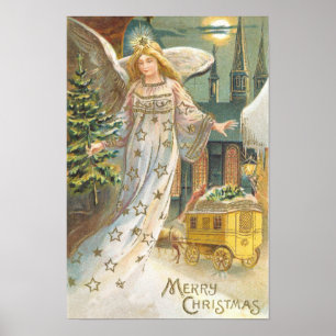 Vintage Christmas, Victorian Angel with Tree Poster