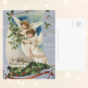 Vintage Christmas, Victorian Angels in a Sailboat Holiday Postcard