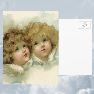 Vintage Christmas, Victorian Angels in the Clouds Holiday Postcard