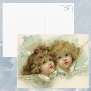 Vintage Christmas, Victorian Angels in the Clouds Holiday Postcard